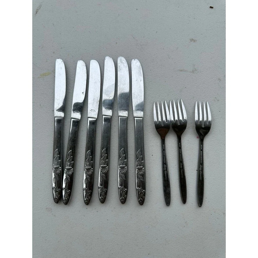 Vtg Nasco Japan Lady Charming Stainless Steel 6 Knives 3 Salad Forks Flatware